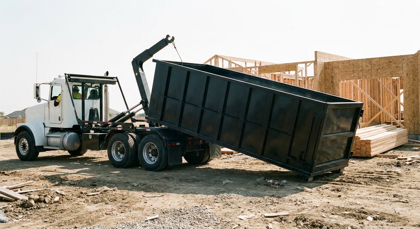 Matte-black roll-off dumpster being delivered onto a clean residential concrete driveway in Newport Beach by an unmarked white hooklift hauler truck, bright morning daylight, documentary 35mm perspective.